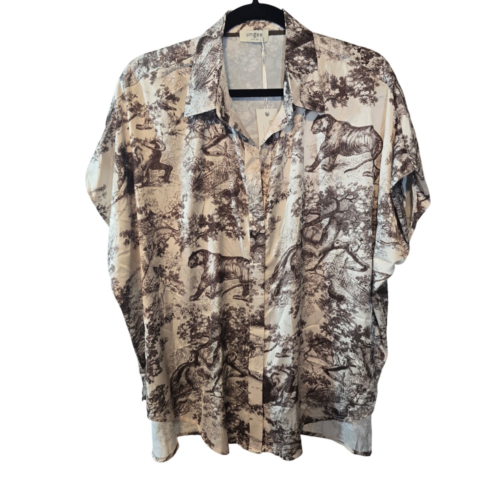 Umgee USA Safari Toile Button Down Shirt Cream Brown Oversized Top NWT Large